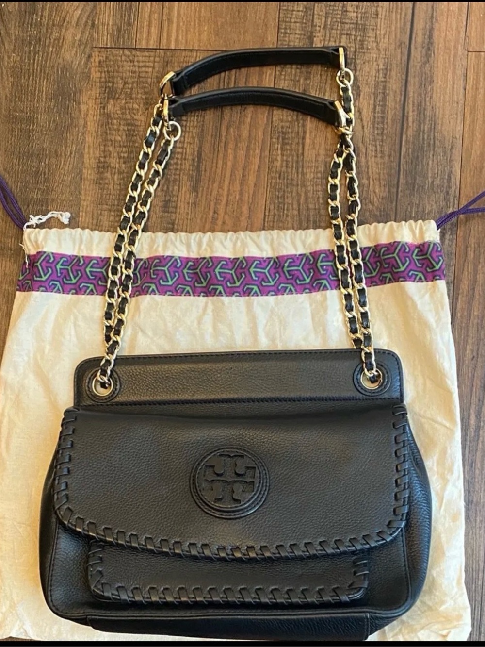 Tory Burch Marion Black Leather Shoulder Bag with Gold Chain